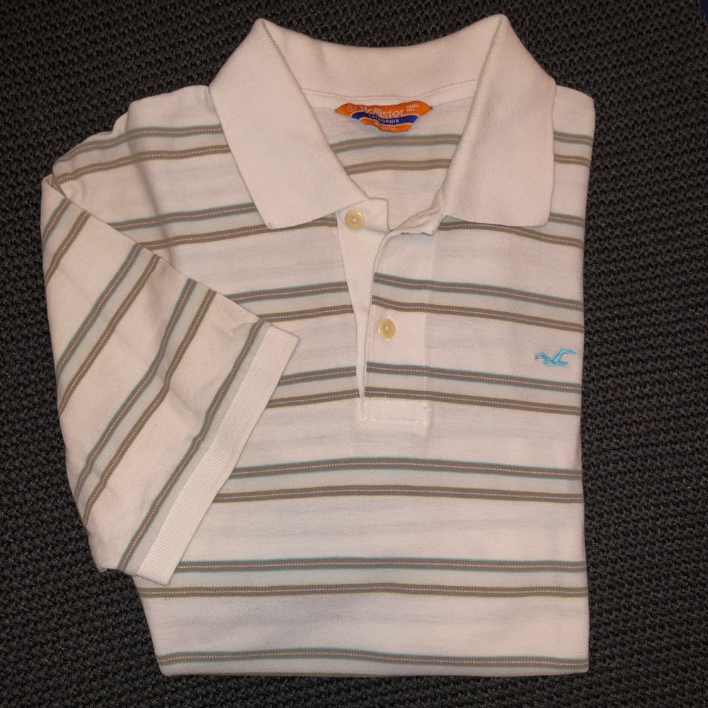 Vtg HOLLISTER Striped White Tan Collared Short-Sleeve Men’s Sz L Polo Shirt